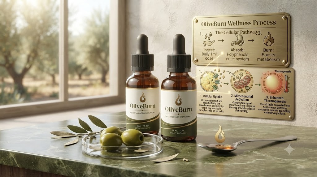 Illustration of the OliveBurn wellness routine: ingest, absorb and support metabolism